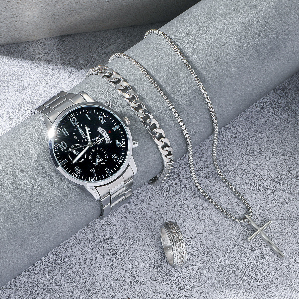 Men's 4-piece silver jewelry set with watch, bracelet, necklace, ring