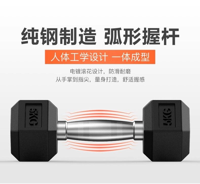 Hexagonal rubber-coated iron dumbbell set