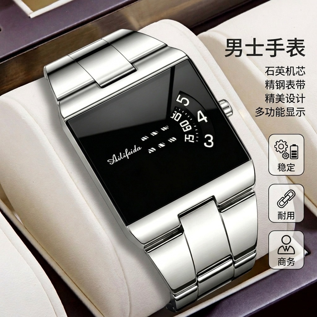 Men's Square Quartz Watch Steel Band Waterproof