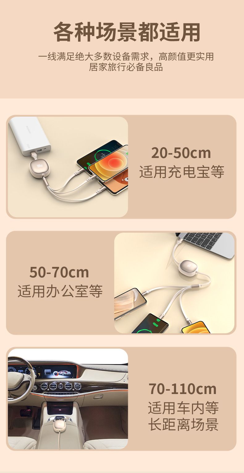 Retractable 3-in-1 Charging Cable, 100W, 6A