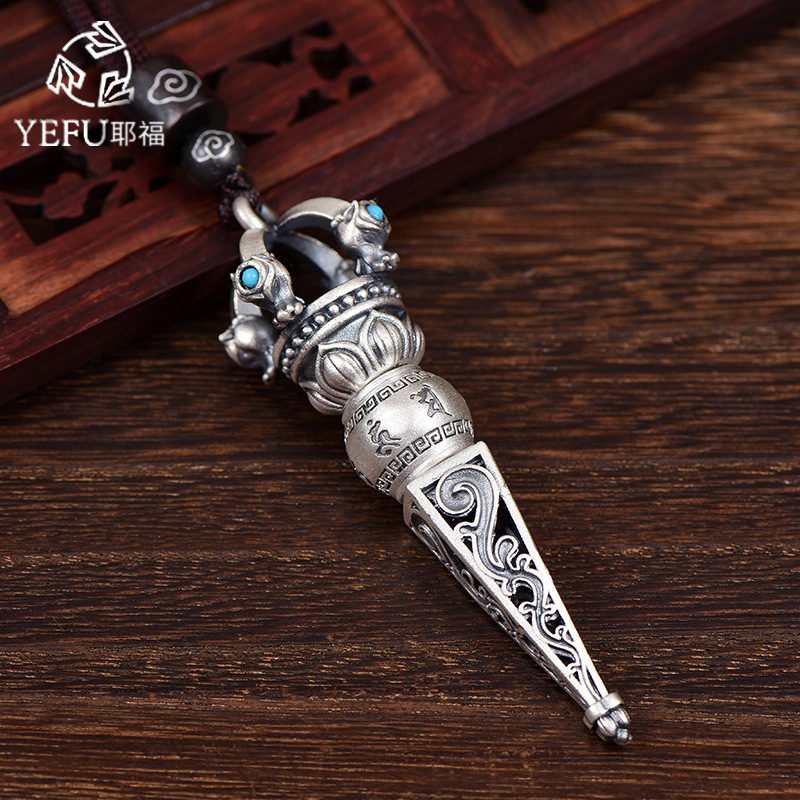 Gümüş 999 altı karakterli mantra Vajra Havaneli kolye saf gümüş sihirli havaneli retro erkek ve kadın kolye kolye gümüş takı