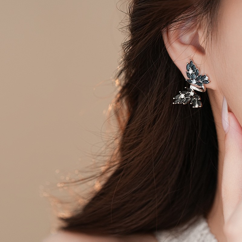 Silver heart butterfly earrings, black zircon, vintage