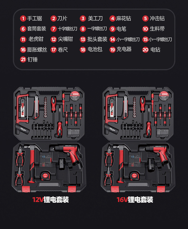 Delixi 12V cordless electric drill tool set