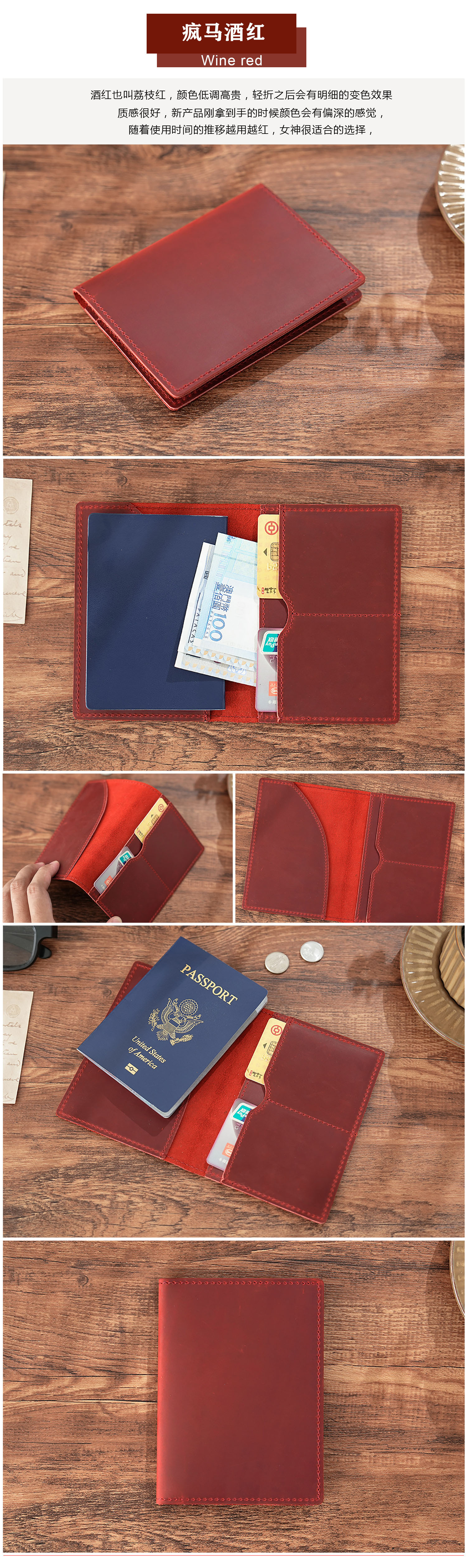 Verrücktes Pferd Leder Reisepass-Halter Vintage Vollnarbenleder