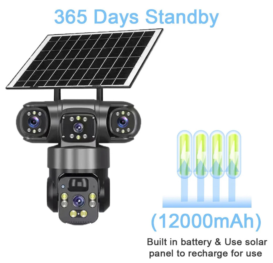 Güneş enerjili gözetleme kamerası V360Pro, üç lens, 4G, gece görüşü