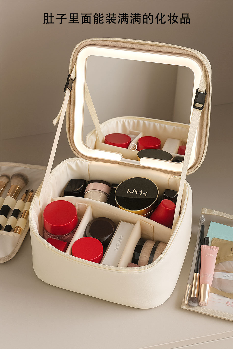 Makeup bag with mirror and LED light, portable organizer