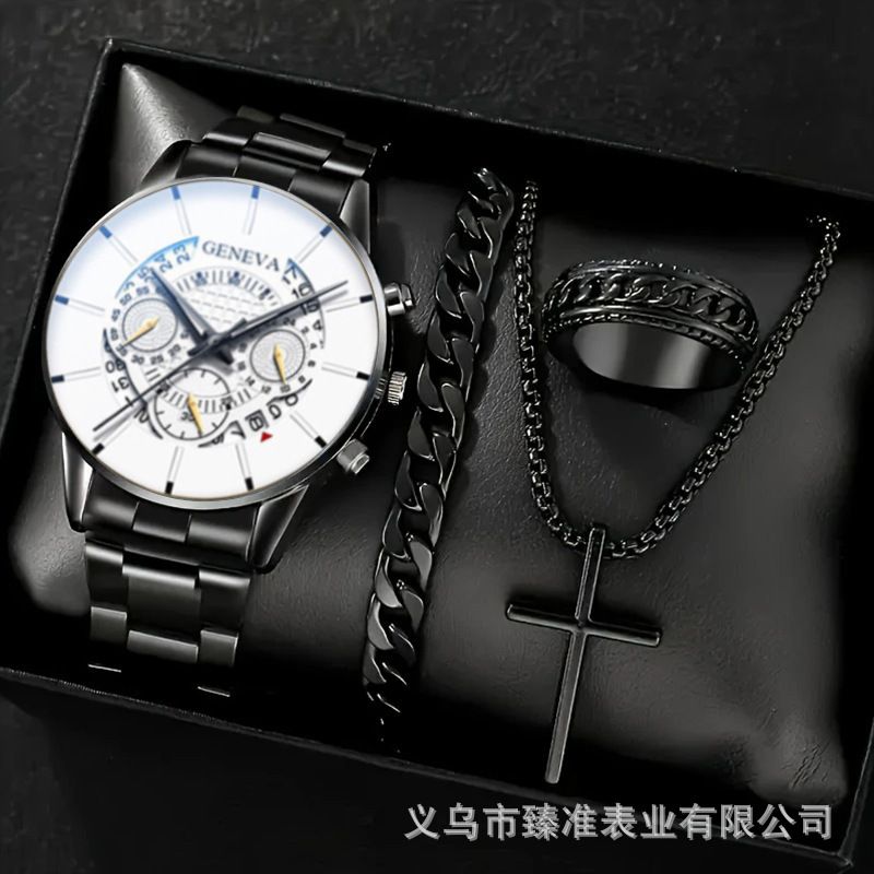 Men's watch set, black gold steel band with cross pendant