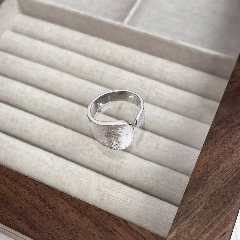 S925 Sterling Silver Asymmetric Wide Ring, Brushed Design, Women's