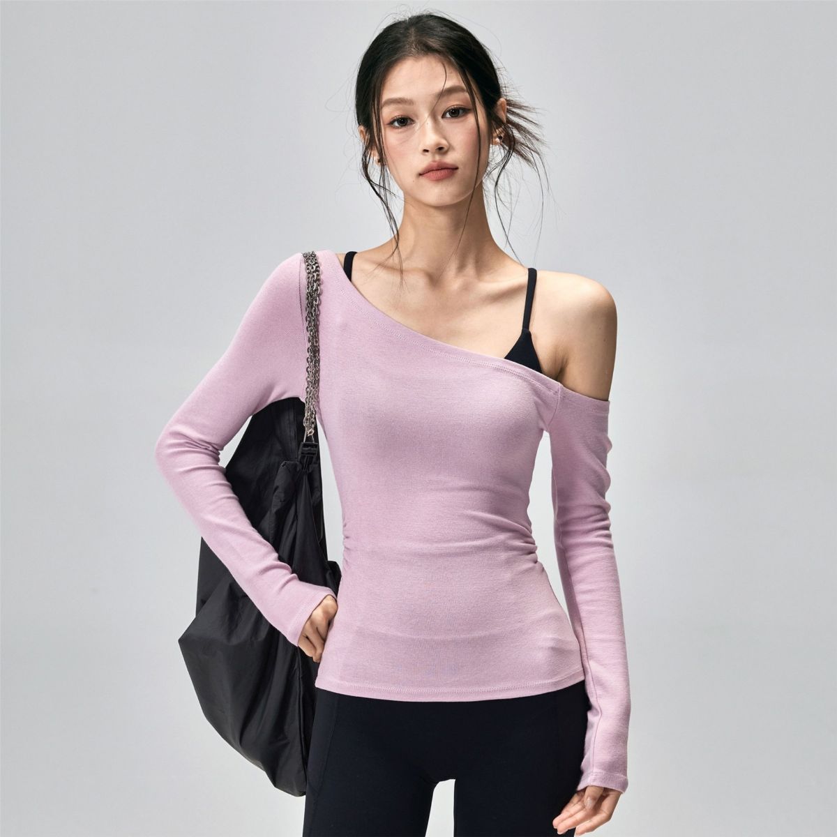 瑜伽T恤女孩斜肩瑜伽服长袖修身弹力运动绝美普拉提训练上衣新款
