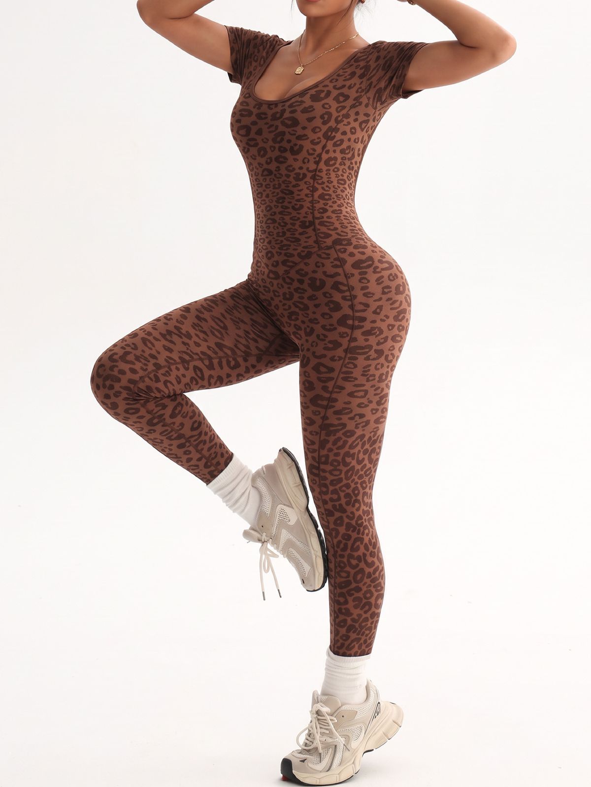 Women's Yoga Jumpsuit, Leopard Print, High Waist, Open Back