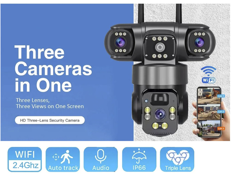 Güneş enerjili gözetleme kamerası V360Pro, üç lens, 4G, gece görüşü