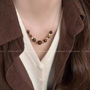 Tiger's Eye Beaded Necklace, Vintage Round Loop Design