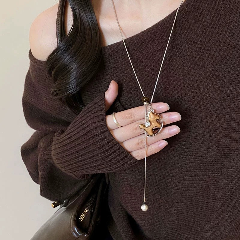 Vintage wooden horse pendant necklace, long sweater chain