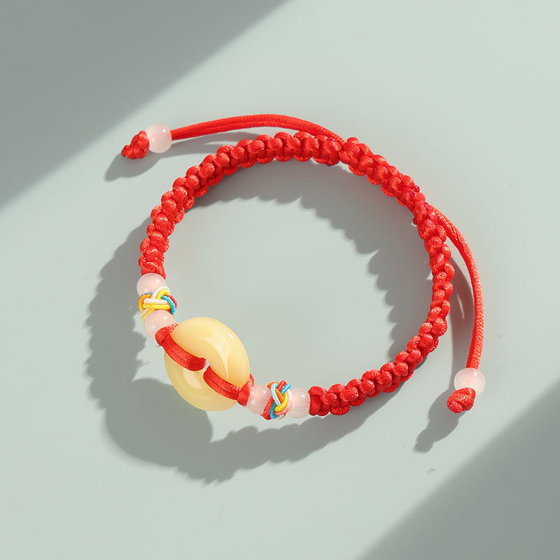 Red string bracelet, jade, safety clasp, hand-woven, unisex