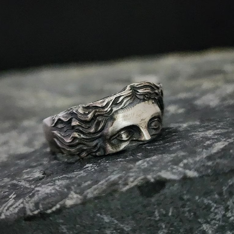 Venus mask ring, adjustable, vintage silver relief
