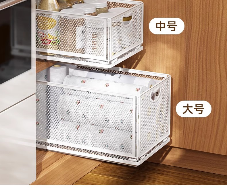 Foldable metal storage basket for kitchen and bathroom