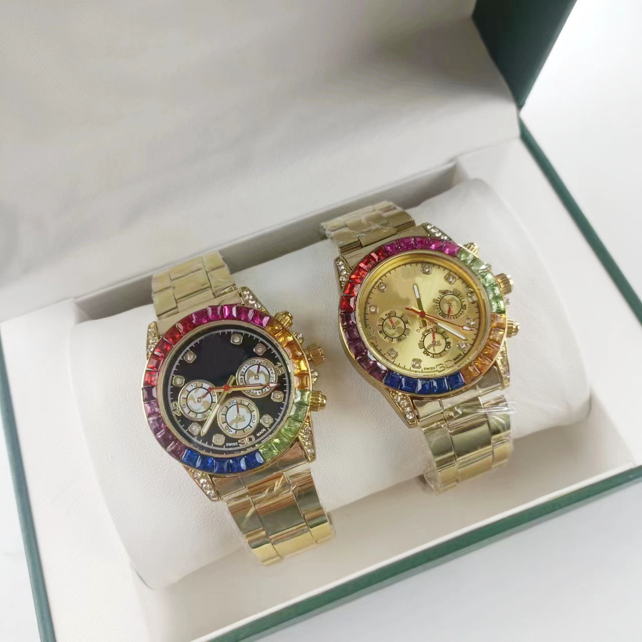 Rainbow men's quartz watch, steel band, diamond bezel