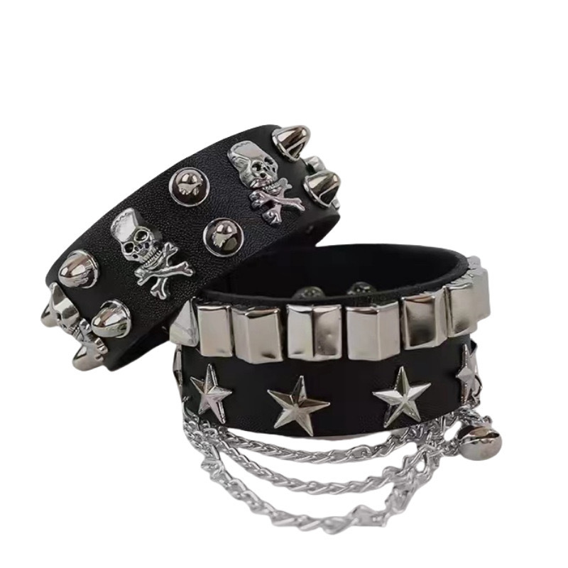 Punk PU leather rivet bracelet, skull design, wide style