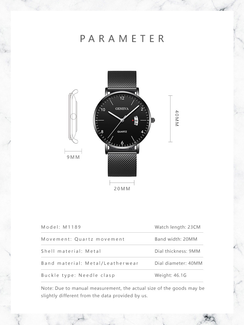 Men's quartz watch, luminous dial, mesh or leather strap