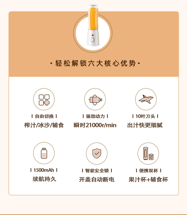 跨境榨汁机新款便携式充电小型辅食碎冰家用多功能果汁机榨汁杯