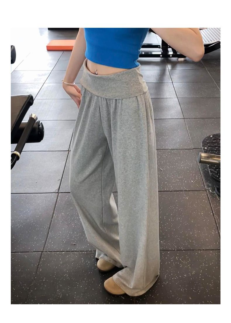 咖色翻腰运动裤女夏薄款慵懒随性瑜伽健身裤小个子垂感宽松阔腿裤