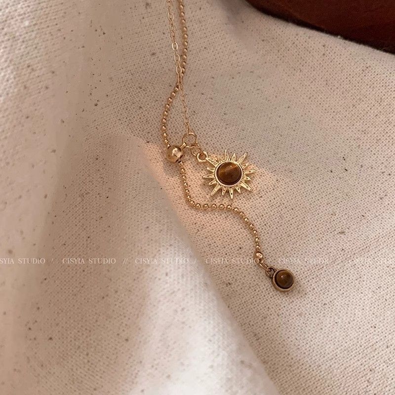 Tiger's Eye Stone Pendant Necklace Women Vintage Elegant