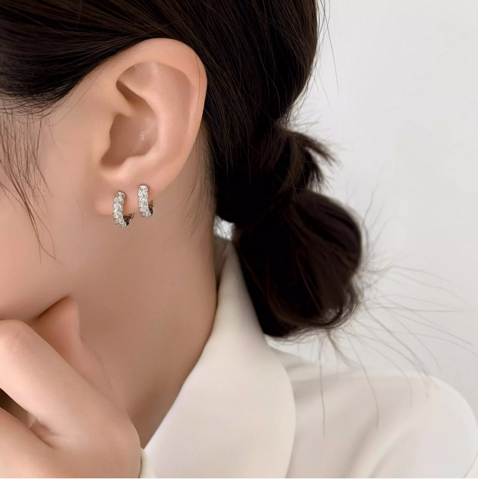 Diamond earrings, silver, luxury design, women's pierced earrings