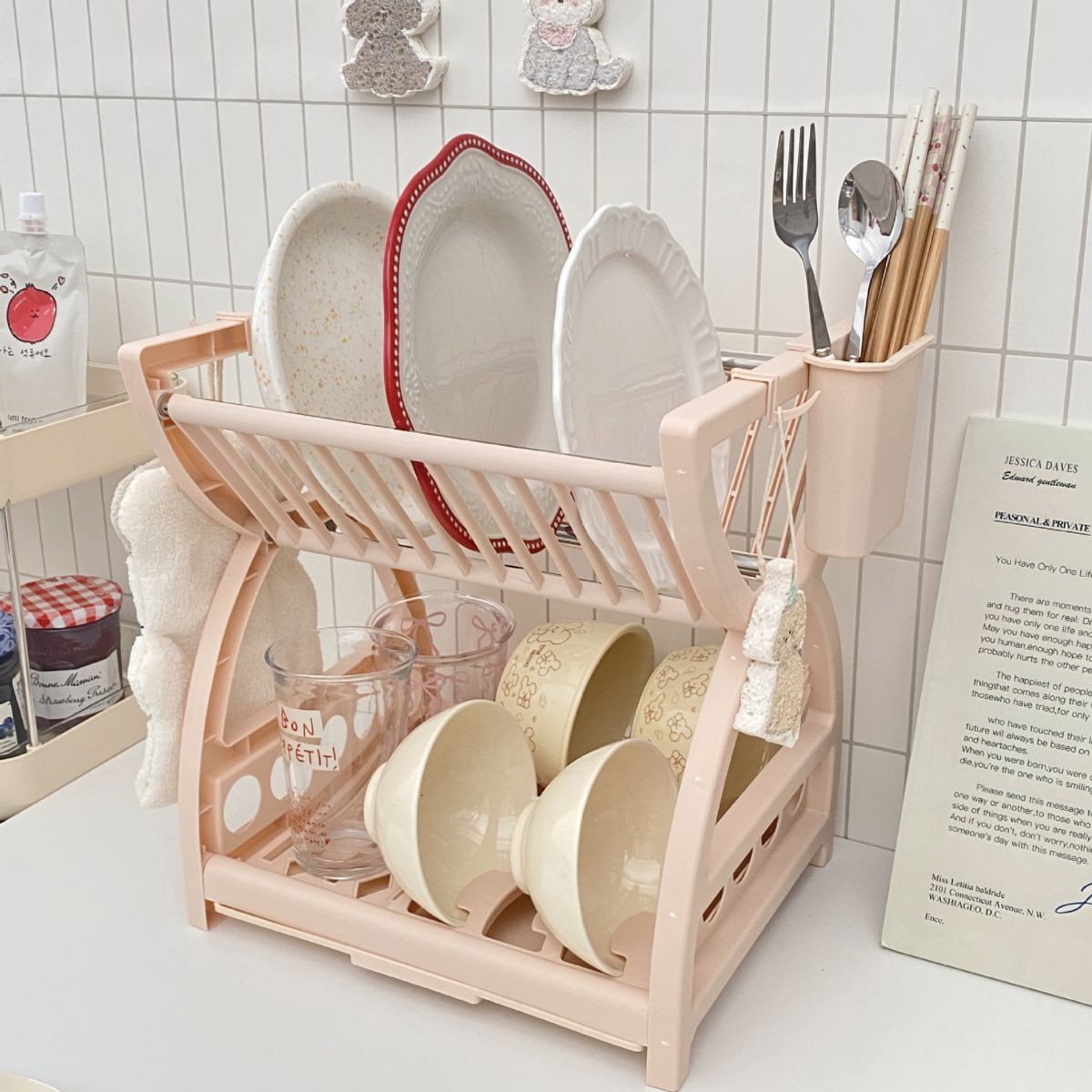 Double-layer kitchen storage rack with drain shelf for tableware