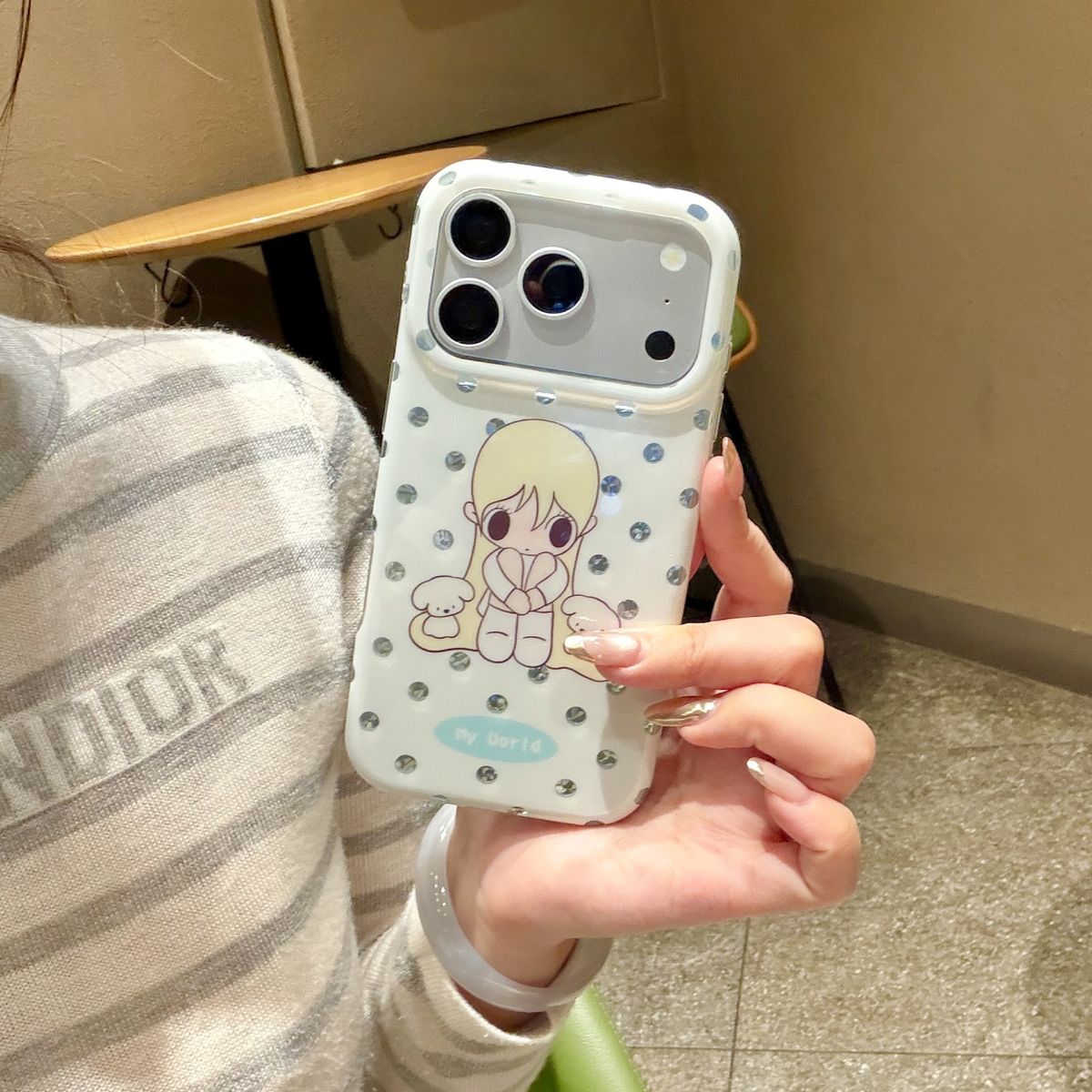 Japanese-style blue polka dot autumn cute double layer case, compatible iPhone 16-18 Pro M