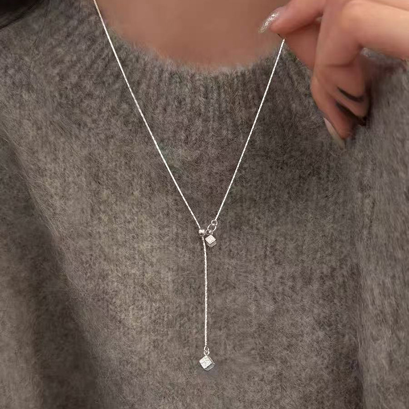 Round ring pendant necklace, black cord, long chain style