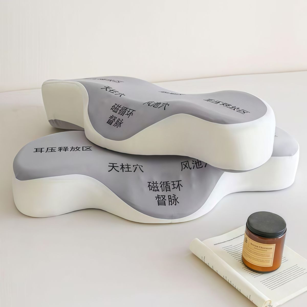 Memory foam pillow, cervical spine correction with massage