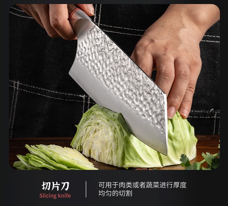 Colorful wooden handle hammer-textured steel kitchen knife set santoku