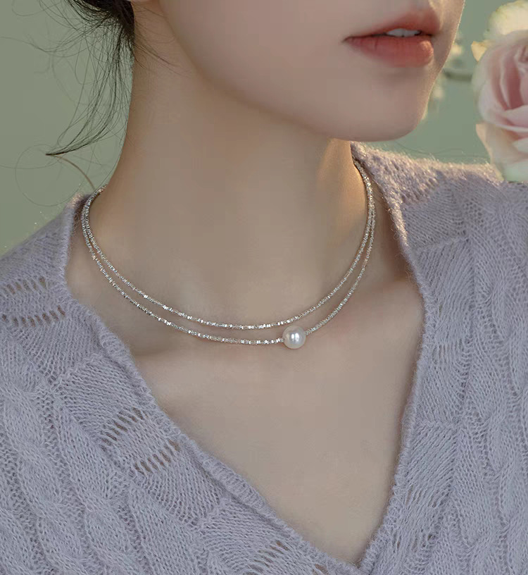 Gümüş İnci Kolye Kadınlar İçin, Çatlamış Gümüş, Ayarlanabilir Zincir
