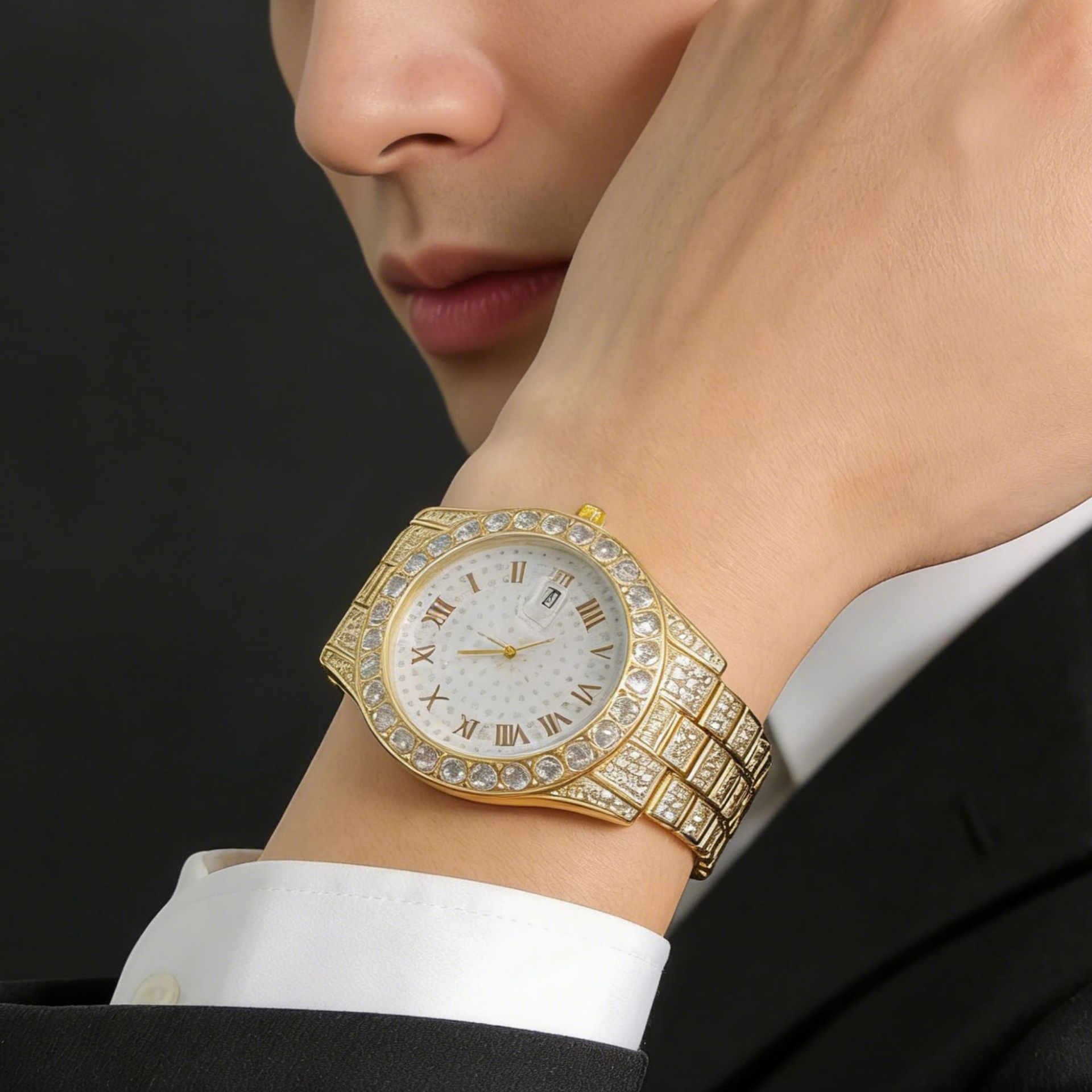 Herren-Quarzuhr mit quadratischem Zifferblatt und Strass