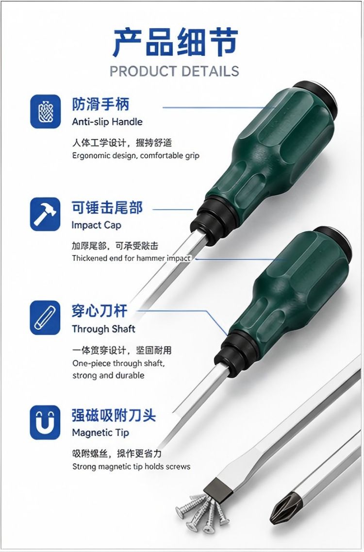 跨境工程维修穿心敲击 十字强磁通心 工厂现货定制螺丝刀套装批发