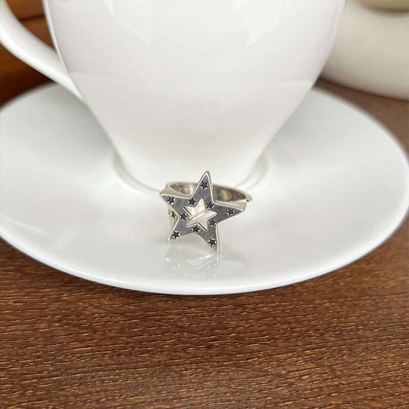 Five-pointed star 925 silver ring, hip-hop design