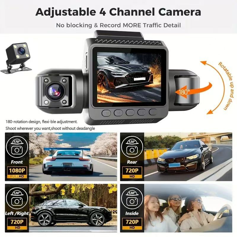 Dash cam 4-lens, 1080P HD, night vision, WiFi