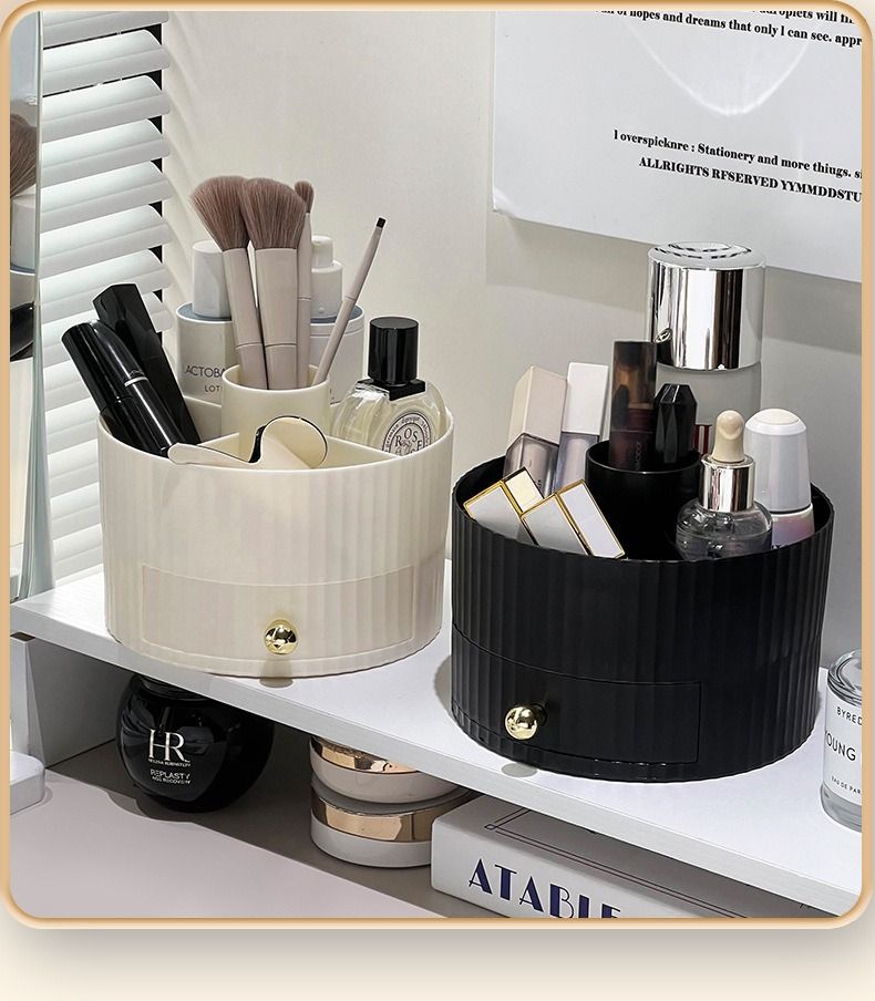 Rotating cosmetics storage box, desktop makeup organizer with drawer