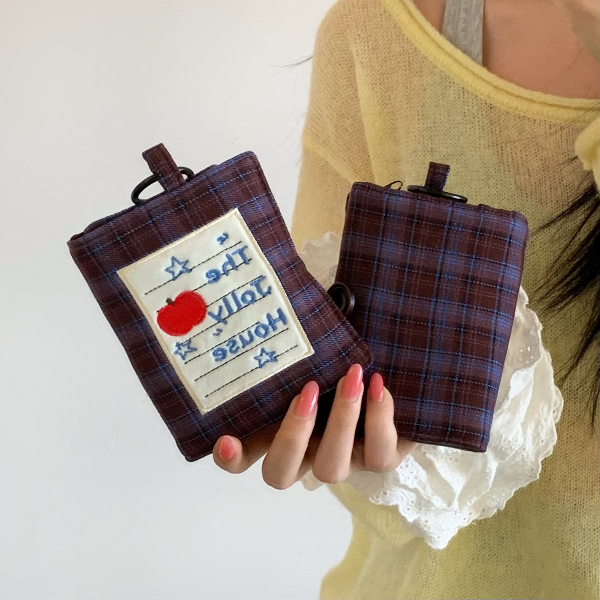 Karo desenli mini pasaport çantası taşınabilir saklama