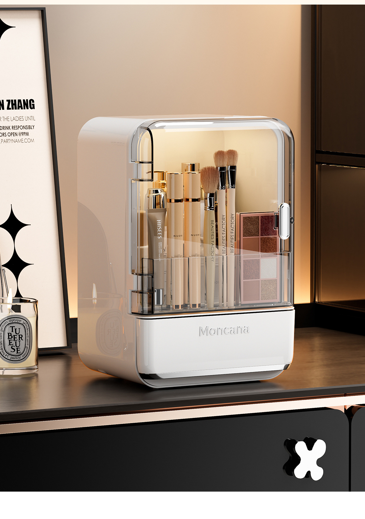 Transparent makeup storage organizer with dust-proof design