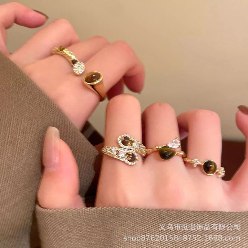 Tiger eye star water drop open ring