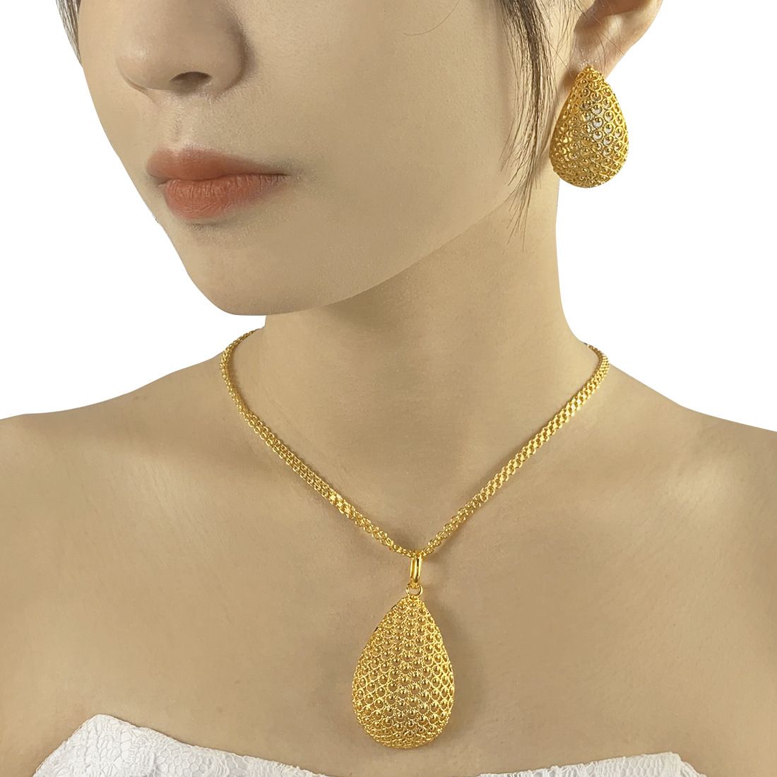 24K altın kaplı bakır takı seti kolye küpe geometrik