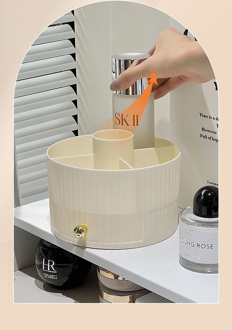 Rotating cosmetics storage box, desktop makeup organizer with drawer