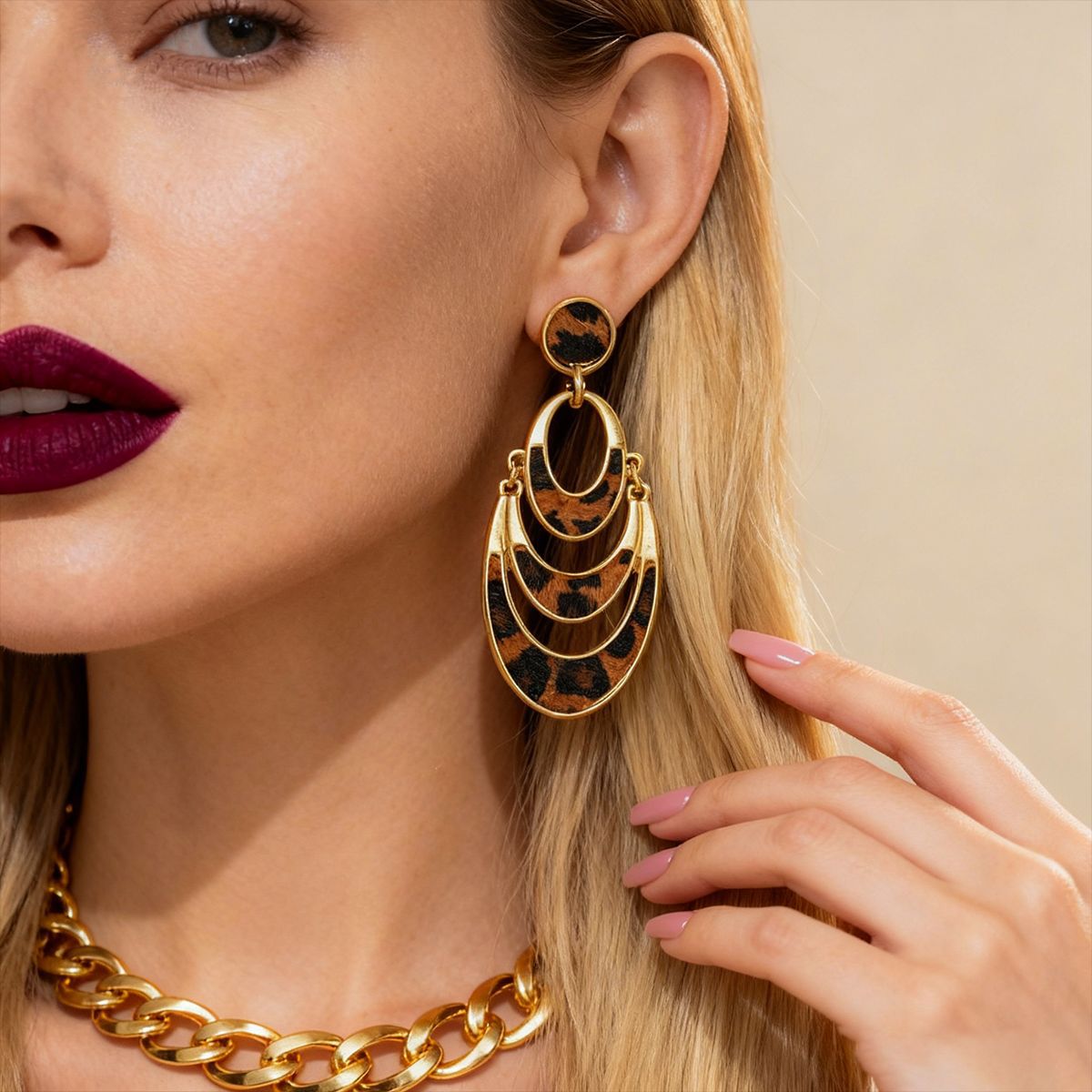 Leopard print earrings with faux horsehair, multi-layer design