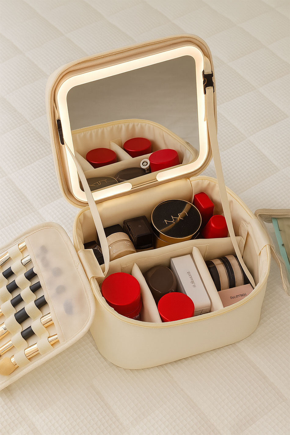 Makeup bag with mirror and LED light, portable organizer