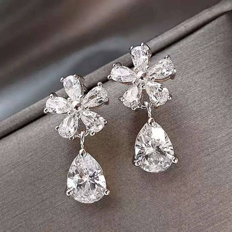 Crystal flower earrings, water drop, Korean style, lightweight luxury