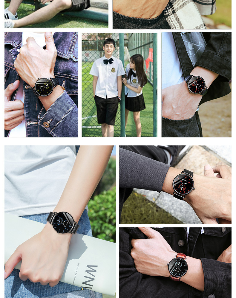 Black technology leather strap men's watch, Korean style, ultra-thin design