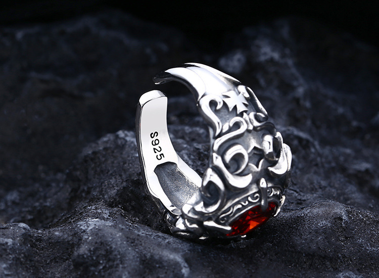 S925 silver plated garnet flower ring men's