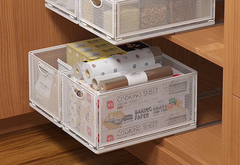Foldable metal storage basket for kitchen and bathroom