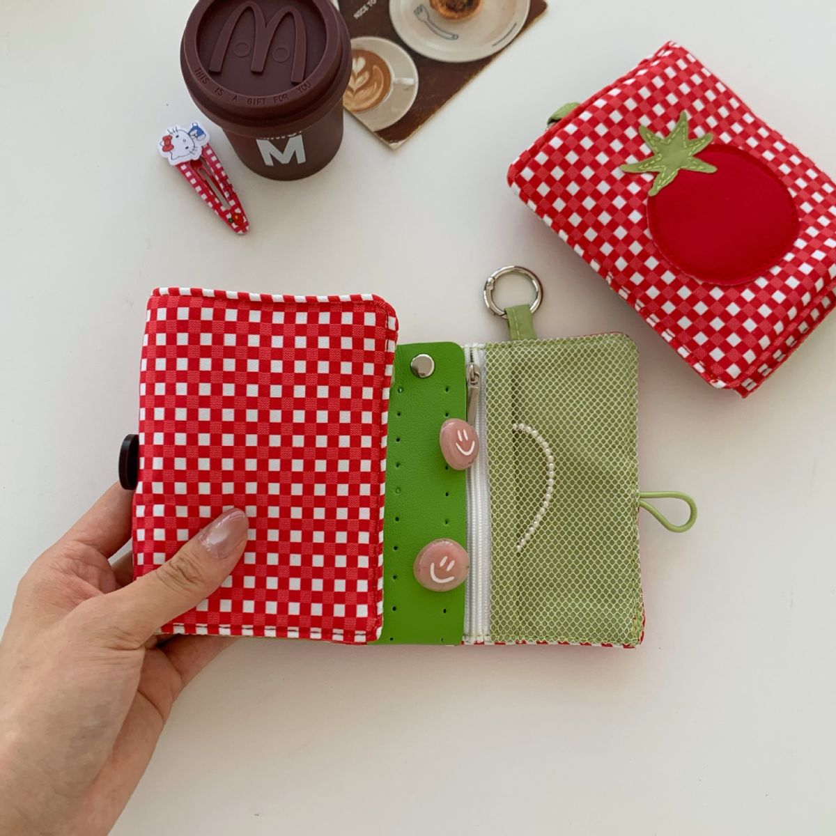 Passport holder, red plaid design, portable mini storage